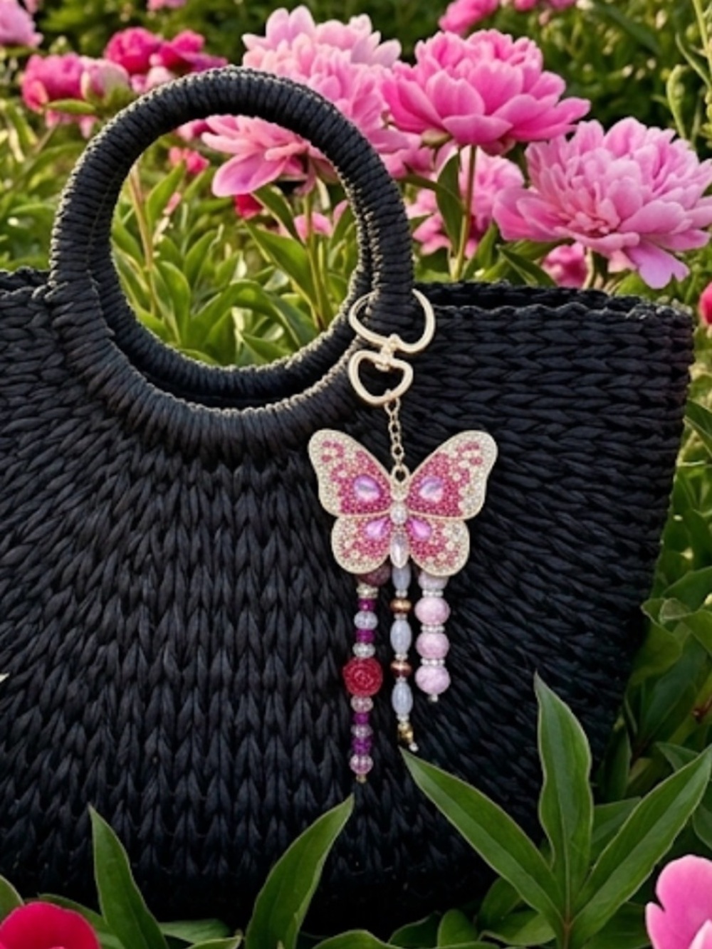 Pink Butterfly Beaded Bag Charm Keychain